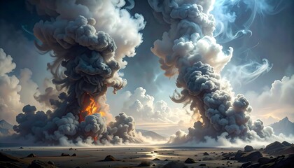 Dramatic view of two massive columns of smoke erupting into a cloudy sky, with hints of fire at their bases