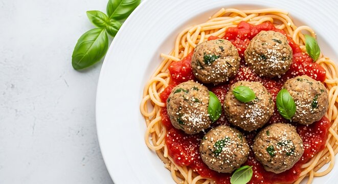 Top View of Vegetarian Spaghetti and Meatless Balls - Powered by Adobe