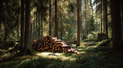 Large Pile of Wood Logs in Forest with Sunbeams: Timber Harvesting and Foresty.