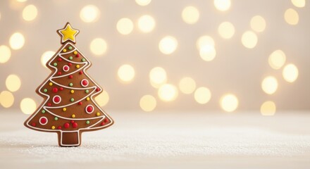 Gingerbread cookie in shape of Christmas tree with colorful icing decoration and star on top. Holiday festive dessert for winter celebration background.