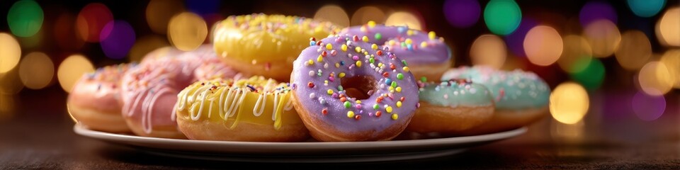 A plate displays various glazed donuts each featuring bright sprinkles and festive bokeh