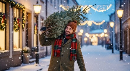 Man carrying Christmas tree on shoulder in festive winter street scene. Happy man buying a holiday pine tree for Christmas decoration. Winter tradition.