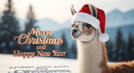 Obraz premium Llama in Santa Hat New Year Greeting - A cute llama wearing a Santa hat stands in the snow, with a 