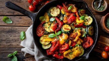 Vibrant overhead shot of skillet-roasted vegetables (zucchini, peppers) in a cast iron pan
