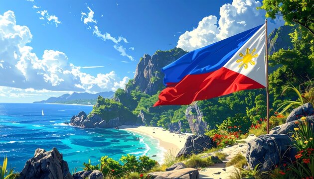 A vibrant coastal scene featuring a waving national flag. Lush green vegetation and rocky mountains frame a sandy beach