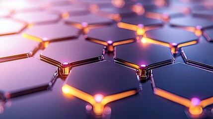 A detailed, abstract view of a dark, reflective hexagonal pattern with illuminated edges and small, glowing pink lights at the vertices.