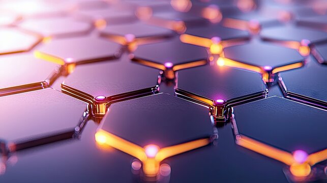 A detailed, abstract view of a dark, reflective hexagonal pattern with illuminated edges and small, glowing pink lights at the vertices.