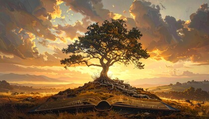 The image shows a vibrant sunset illuminating a storybook scene with a lone tree and a large open