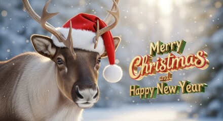 Reindeer in Santa Hat - A festive reindeer wearing a Santa hat with a Merry Christmas and Happy New Year message in a snowy winter setting