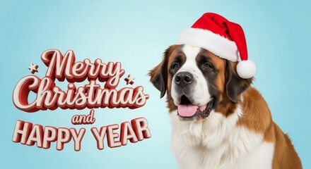Saint Bernard Dog Christmas Card - A Saint Bernard dog wearing a Santa hat with text overlay that reads "Merry Christmas and Happy Year". Light blue solid background