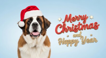 Saint Bernard Christmas Portrait - A festive Saint Bernard dog wearing a Santa hat, with Merry Christmas and Happy Year text on a light blue background