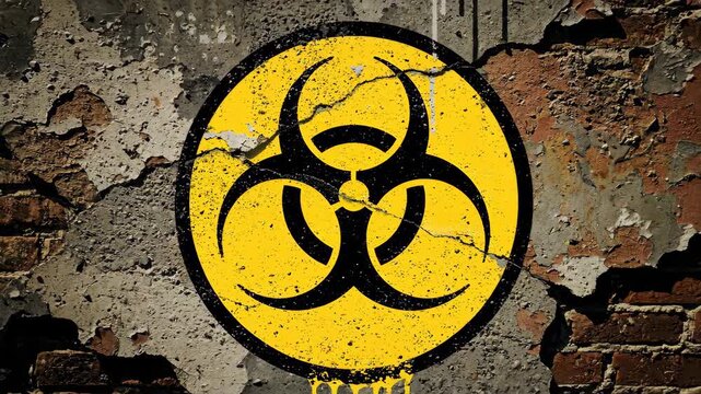 A biohazard symbol is displayed on a weathered brick wall with cracks and peeling paint in yellow and gray tones, a warning sign for awareness and safety.