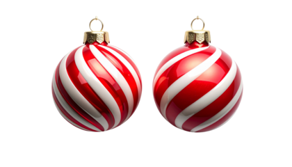 Red and White Striped Christmas Ornament Duo isolated on transparent background