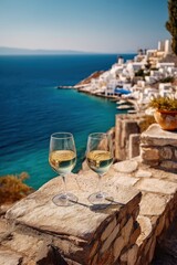 Obraz premium Two glasses of white wine on a stone wall overlooking a turquoise bay and Greek town
