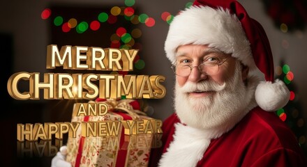 Santa Claus Holiday Greetings - Festive Santa Claus portrait with a gift, wishing Merry Christmas and Happy New Year against bokeh lights