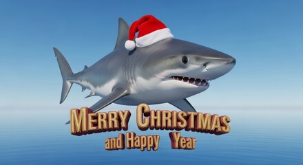 Shark Wearing Santa Hat - A shark is wearing a Santa hat. It is Merry Christmas and happy year in the ocean water