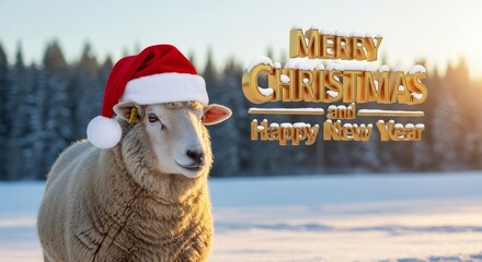 Sheep Celebrating Christmas and New Year - A sheep in a Santa hat stands in the snow with golden Merry Christmas and Happy New Year text overlayed