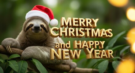 Sloth Celebrating Christmas and New Year - A festive sloth wearing a Santa hat wishes Merry Christmas and Happy New Year amidst lush greenery