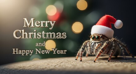 Spider Wishes Merry Christmas - Jumping spider wearing Santa hat with Christmas decoration background
