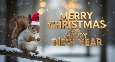 Squirrel Wishes Merry Christmas and Happy New Year - A squirrel wearing a Santa hat holding a snowflake with a Merry Christmas and Happy New Year message