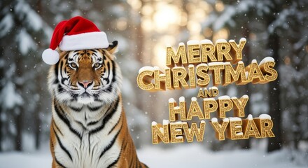 Tiger Celebrating Christmas in Winter - A tiger wearing a Santa hat celebrates the holiday season in a snowy winter forest. Festive scene with Merry Christmas and Happy New Year text