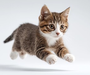 Obraz premium Studio shot of a playful tabby and white kitten leaping in mid-air. Isolated action shot of a young cat pouncing with focus on eyes and paws.