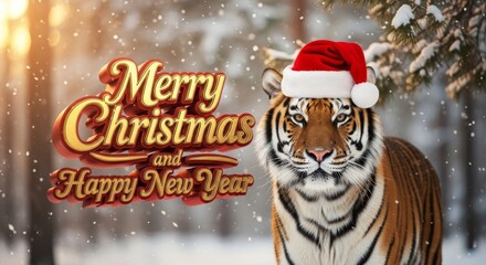 Tiger Christmas and New Year Greeting - Festive of a tiger wearing a Santa hat with a holiday message. Winter background with snow