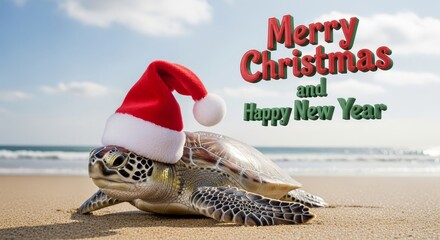 Turtle Wearing Santa Hat on Beach - A turtle wearing a Santa hat on a beach with text wishing Merry Christmas and Happy New Year