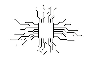 Minimalist microchip illustration with radial circuit lines and connection points, symbolizing modern electronics and digital connectivity.