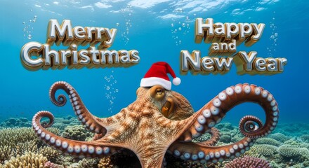 Underwater Christmas and New Year - Festive octopus with a Santa hat under the sea wishes you a Merry Christmas and Happy New Year