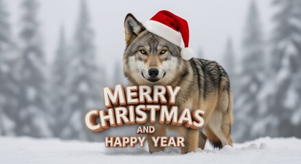Wolf Christmas Greeting Card - A festive of a wolf wearing a Santa hat, wishing Merry Christmas and Happy Year in a snowy winter forest setting