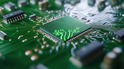 Obraz premium Close-up of green circuit board with ESG letters and organic patterns showcasing digital innovation. Environmental social governance investment