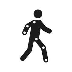 Stylized human figure with highlighted joints, representing motion capture, biomechanics, joint treatment, and robotics.