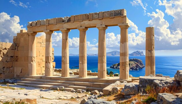 Ancient structure with columns overlooks a vivid blue sea and distant islands under a clear, bright sky. A picturesque scene