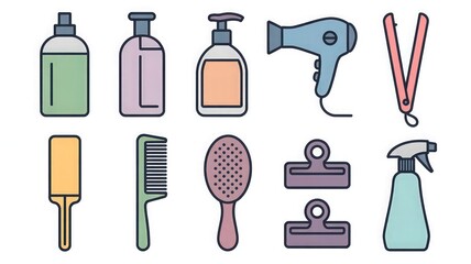 Colorful Hair Salon Icons Set – Hair Dryer, Straightener, Shampoo Bottles, Combs, Brushes & Styling Tools – Beauty & Haircare Illustration