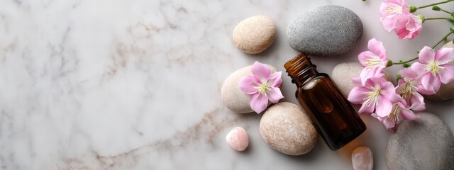 A calming arrangement of smooth massage stones, an amber oil bottle, and pink flowers on a marble surface