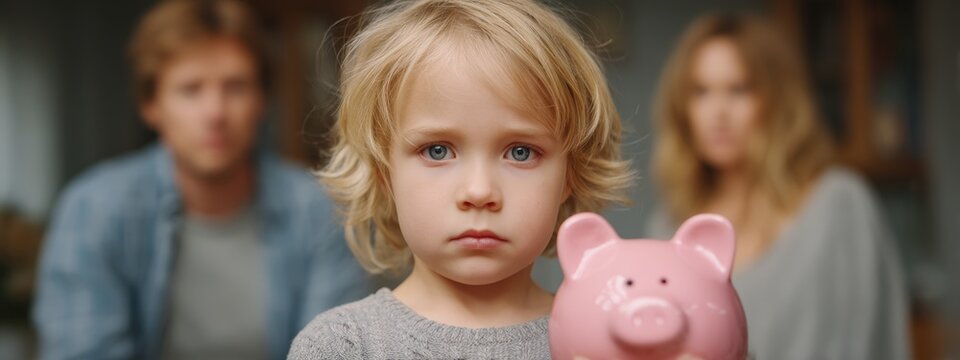 Upset child holding a pink piggy bank, with blurred parents arguing in the background
