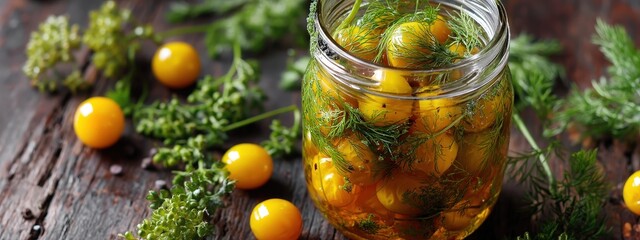 Close-up of pickled golden-yellow cherry tomatoes with dill in a glass jar