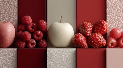 A vibrant and colorful still life featuring an assortment of fresh fruits arranged against a geometric background, creating a visually appealing composition
