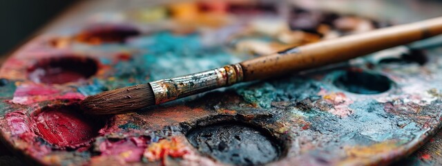 Close-up of a paintbrush resting on a well-used watercolor paint palette