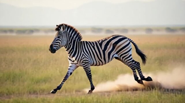 Zebra running across a grassy plain with mountains in the distance on a sunny day in africa zebra video
