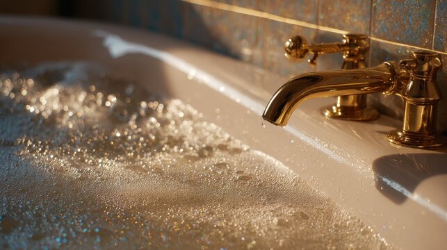 Luxurious relaxation scene with golden bathroom faucet and bubbles for spa and wellness promotion,Bathtub Party Day