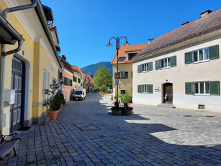 colored buildings of town Frohnleiten. Main square. Austria