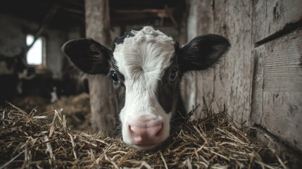 Curious black and white calf gazing directly at the camera from hay