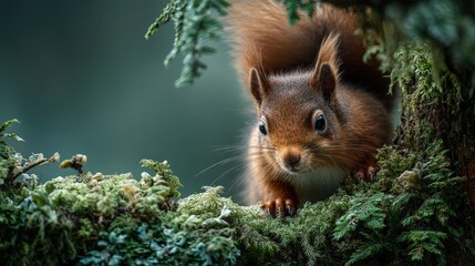 Curious Red Squirrel on Mossy Tree: Close-up Portrait in Forest Greenery