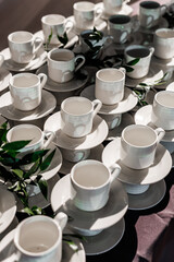 A neat arrangement of stacked white porcelain coffee cups and saucers on a table, accented with fresh green foliage. Perfect for catering or break service themes
