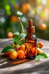 Amber Dropper Bottle of Oil on Wood Table with Kumquats and Sunlight