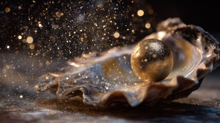 Glittering Golden Pearl in Cracked Oyster Shell Under Stream of Sparkles