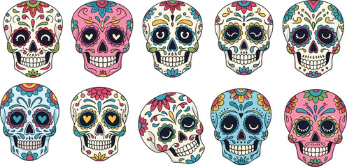 Colorful sugar skulls with floral patterns, Day of the Dead celebration, Mexican tradition, vibrant decorative skull illustration