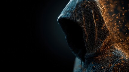 Hooded hacker made of glowing digital mesh working in cyberspace